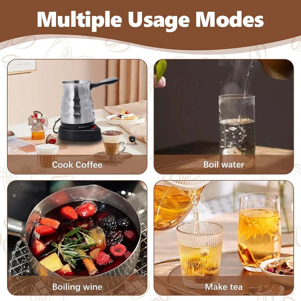 Compact Turkish Coffee Maker 500ml Stainless Steel Electric Coffee Pot Heating Machine for Espresso Italian Coffee Tea Milk